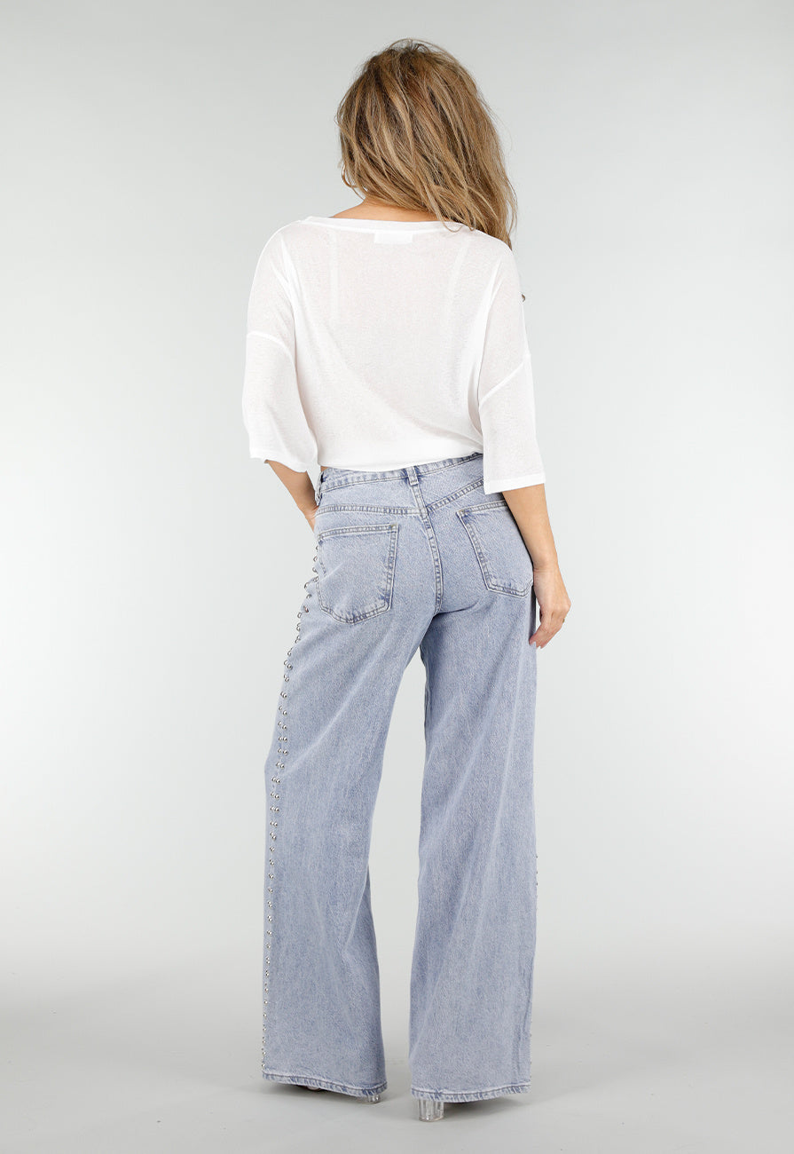 Lichtblauwe Denim Wide Leg Jeans met Studs en Mid Waist