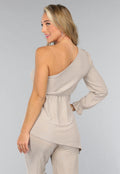 Beige Shimmer Top met Enkele Mouw