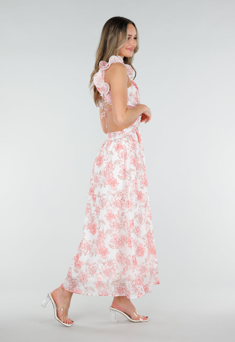 Witte Maxi Jurk met Roze Bloemenprint en Ruches