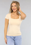 Beige Aansluitende Top met Korte Mouwen