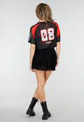 Zwart Rood Mesh Jersey T-Shirt met Print en V-hals