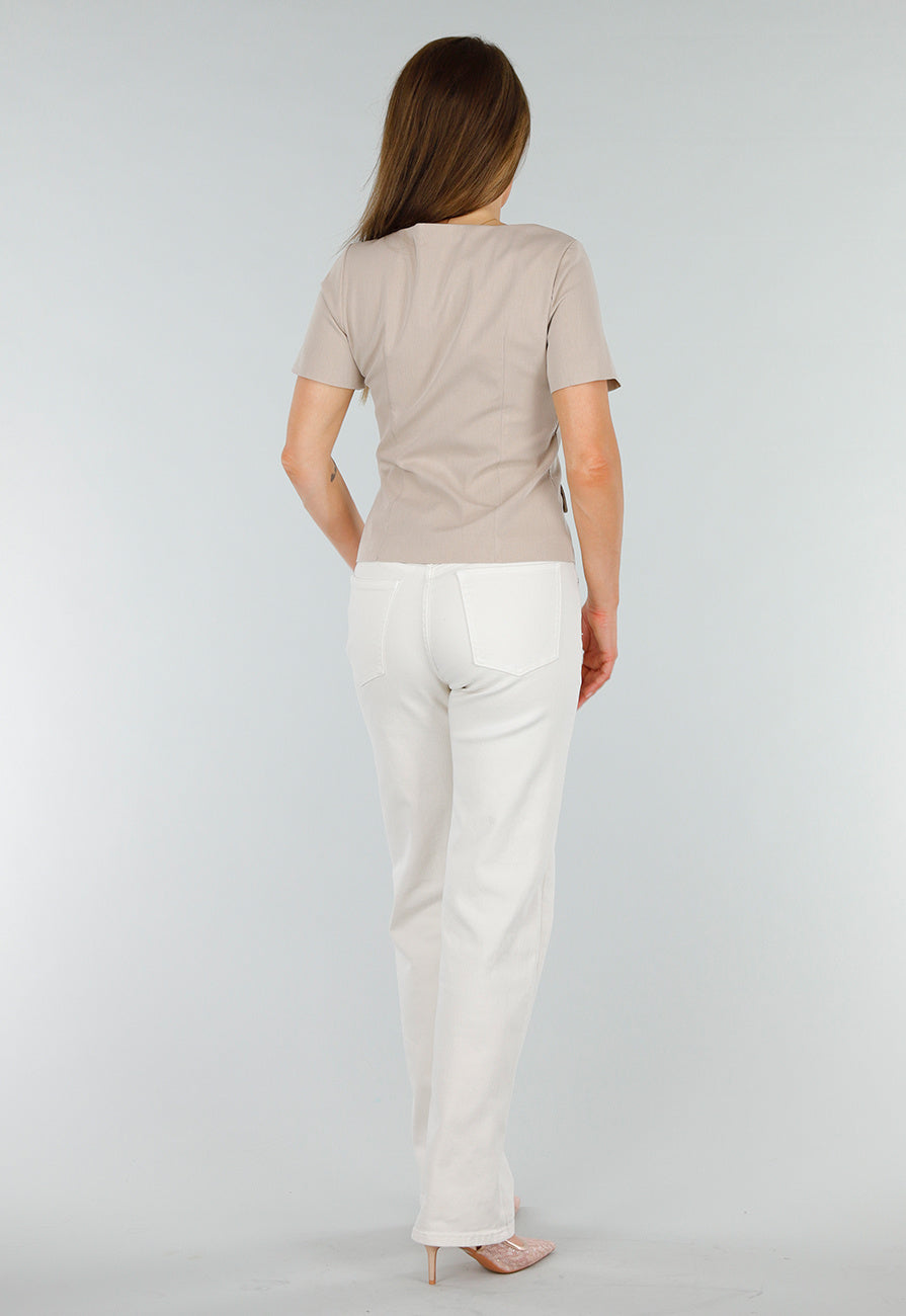 Beige Cropped fit  Blazer Look Top met Binnen Voering en Knoopsluiting