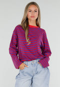 Rood Blauwe Gestreepte Top met Lange Mouwen en Ronde Hals