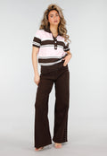 Lichtroze en Bruin Gestreepte Gebreide Polo Top met Stretch