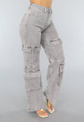 Lichtgrijze Jeans met Hoge Taille en Cargo Zakken