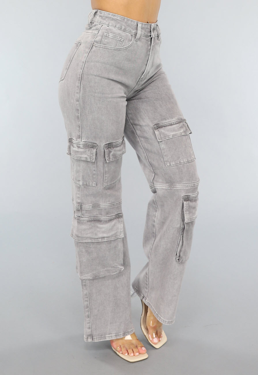 Lichtgrijze Jeans met Hoge Taille en Cargo Zakken