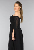 Padded Zwarte Galajurk met Lange Chiffon Mouwen