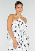 Witte Maxi Jurk met Zwarte Stippen en Volants