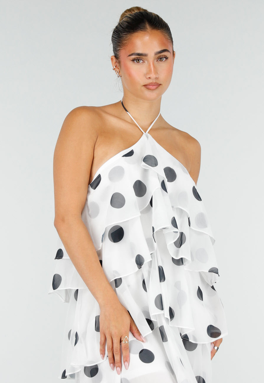Witte Maxi Jurk met Zwarte Stippen en Volants