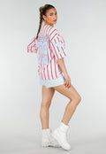 Roze Oversized Jersey Shirt met Blauwe Print en Strepen