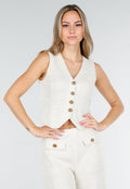 Beige Two Piece Set met Gilet en Pantalon met Gouden Knopen