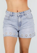 Lichtblauwe Denim Shorts met Geborduurde Bloemenzoom