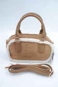 Beige Suède Handtas met Bontafwerking en Lang Schouderhengsel