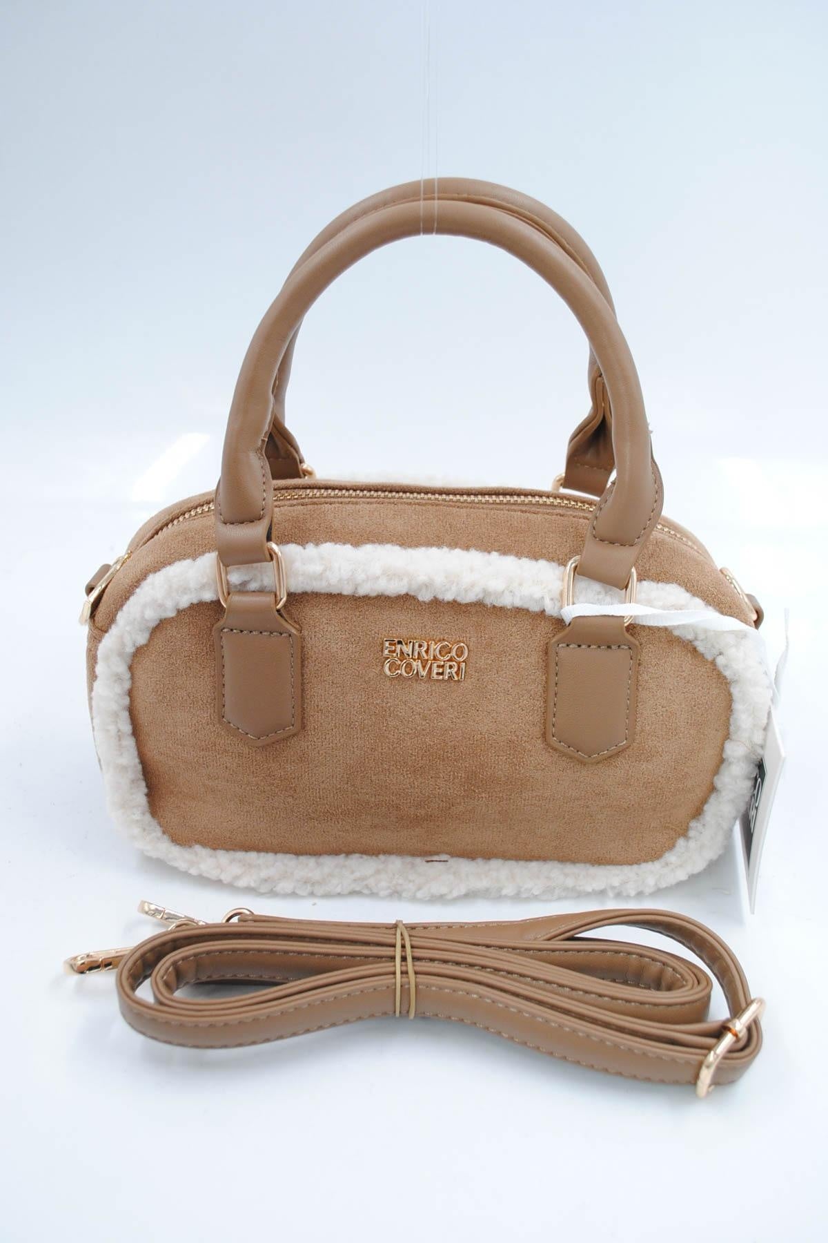 Beige Suède Handtas met Bontafwerking en Lang Schouderhengsel