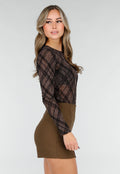 Bruine Mesh Body met Ruitprint en Lange Mouwen