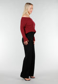 Donkerroze Off Shoulder Trui met Kabelpatroon en Brede Halsrand