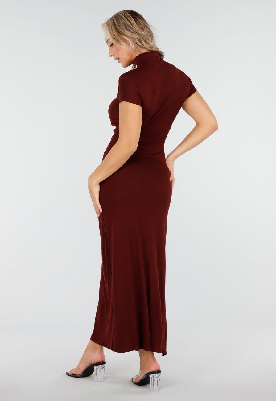 Bordeauxrode Maxi Jurk met Col en Split