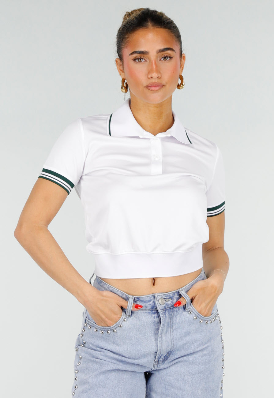 Witte Cropped Polo met Groene Contrasterende Strepen