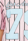 Roze Oversized Jersey Shirt met Blauwe Print en Strepen
