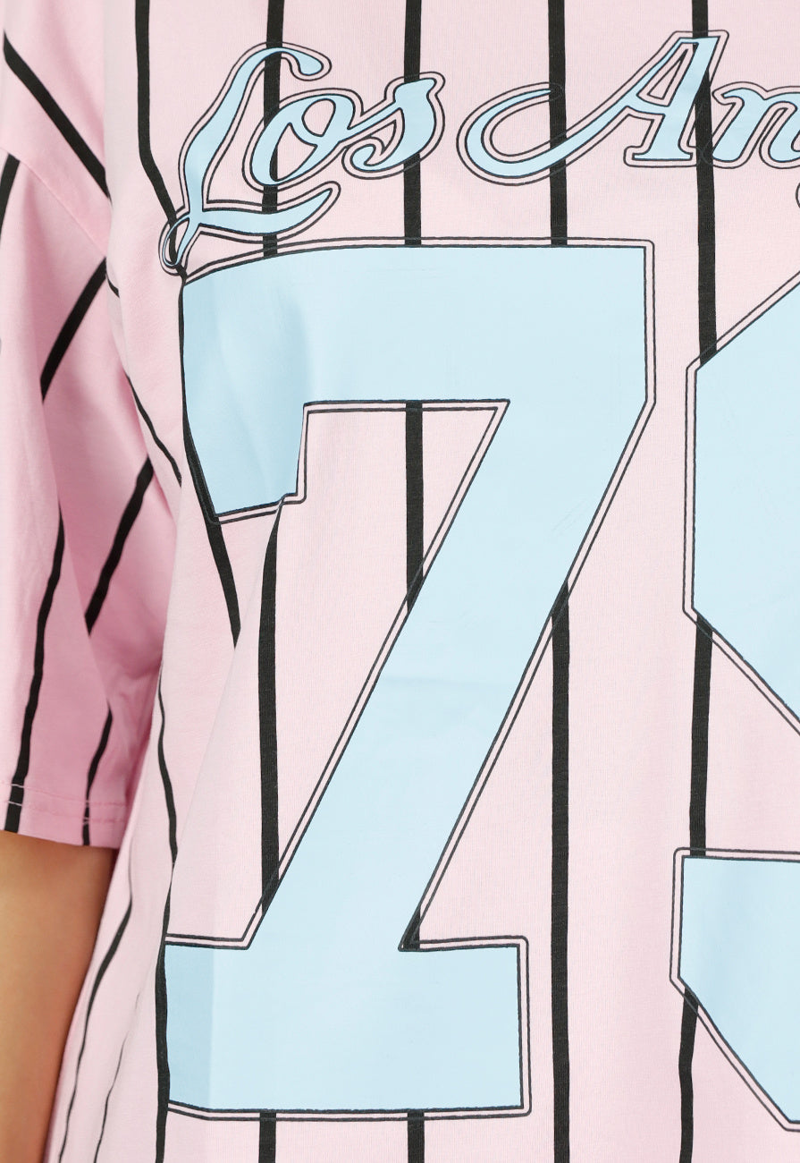 Roze Oversized Jersey Shirt met Blauwe Print en Strepen