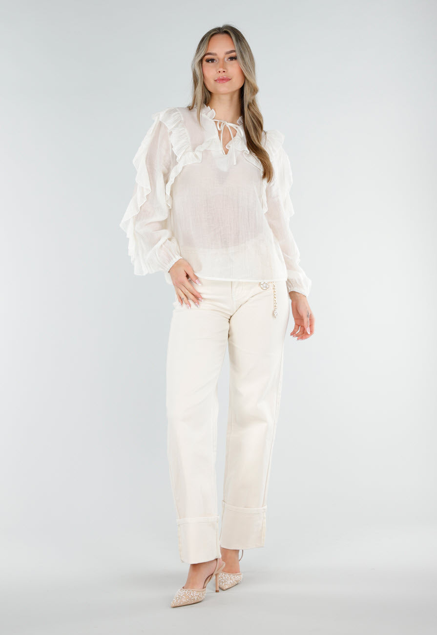 Beige Ruffle Blouse met Lange Mouwen en Striksluiting