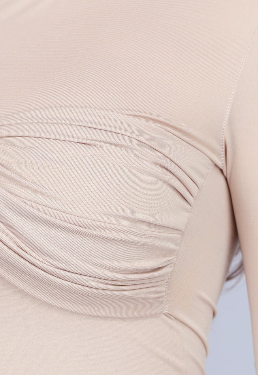 Beige Stretch Twist Top met Lange Mouwen