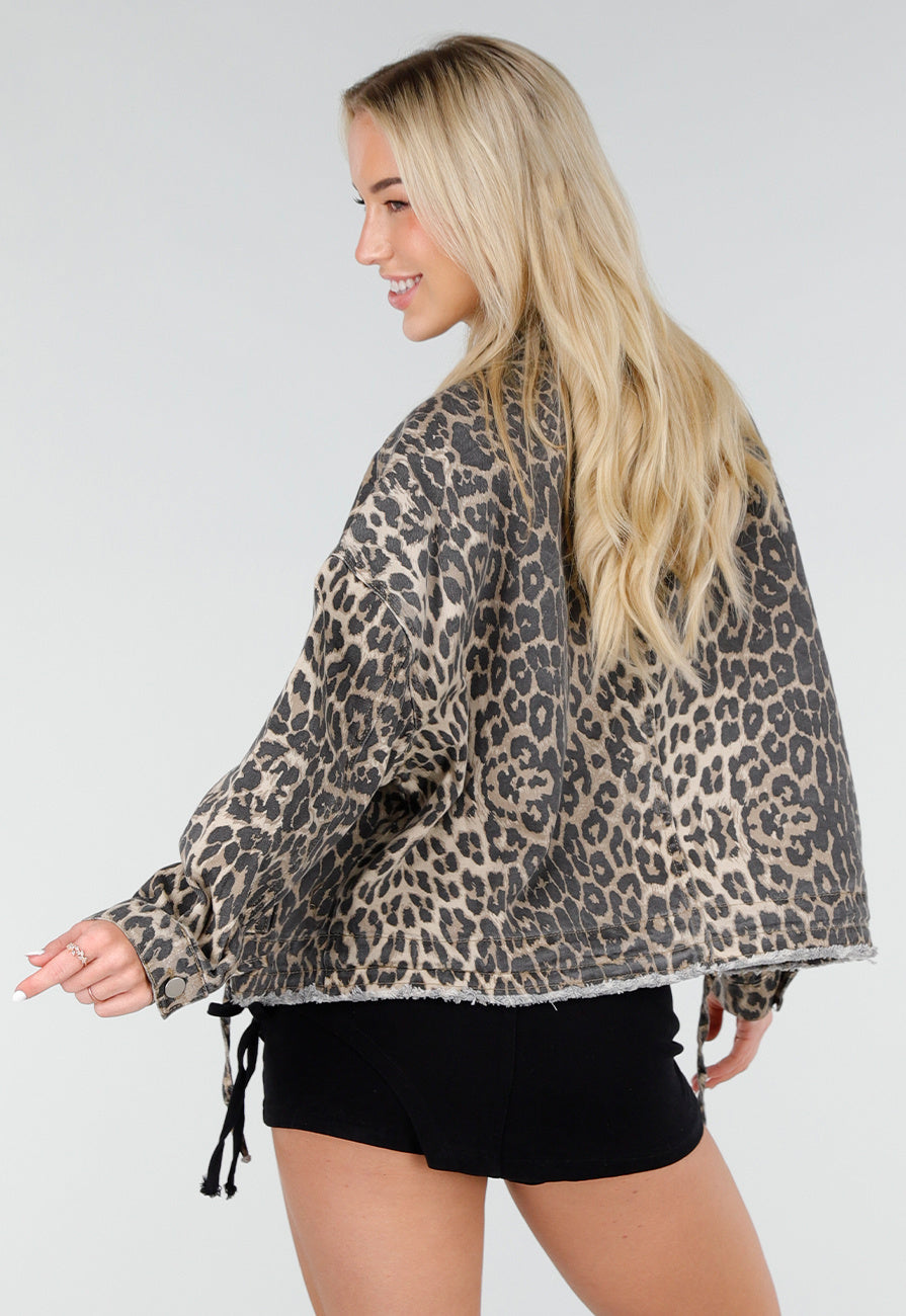 Luipaardprint Denim Jas met Klepzakken en Trekkoord