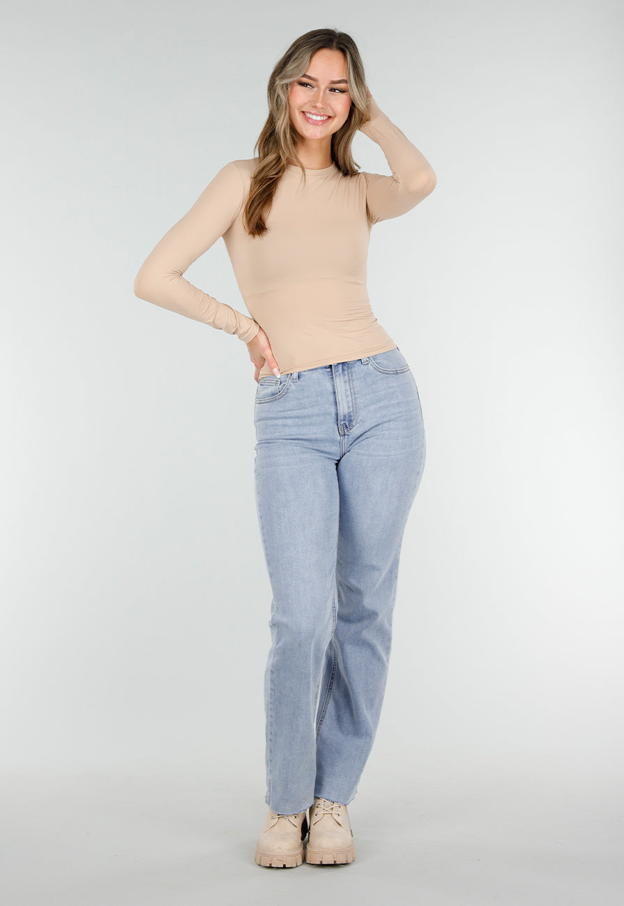 Basic Beige Top Lange Mouwen en Stretch