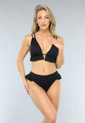 Zwart Ruffle Bikini Broekje met Hoge Taille