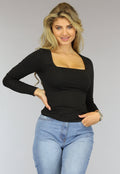 Zwarte Longsleeve Top met Vierkante Hals
