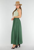 Mosgroene Linnenlook Maxi Rok met Zakken en Elastische Tailleband