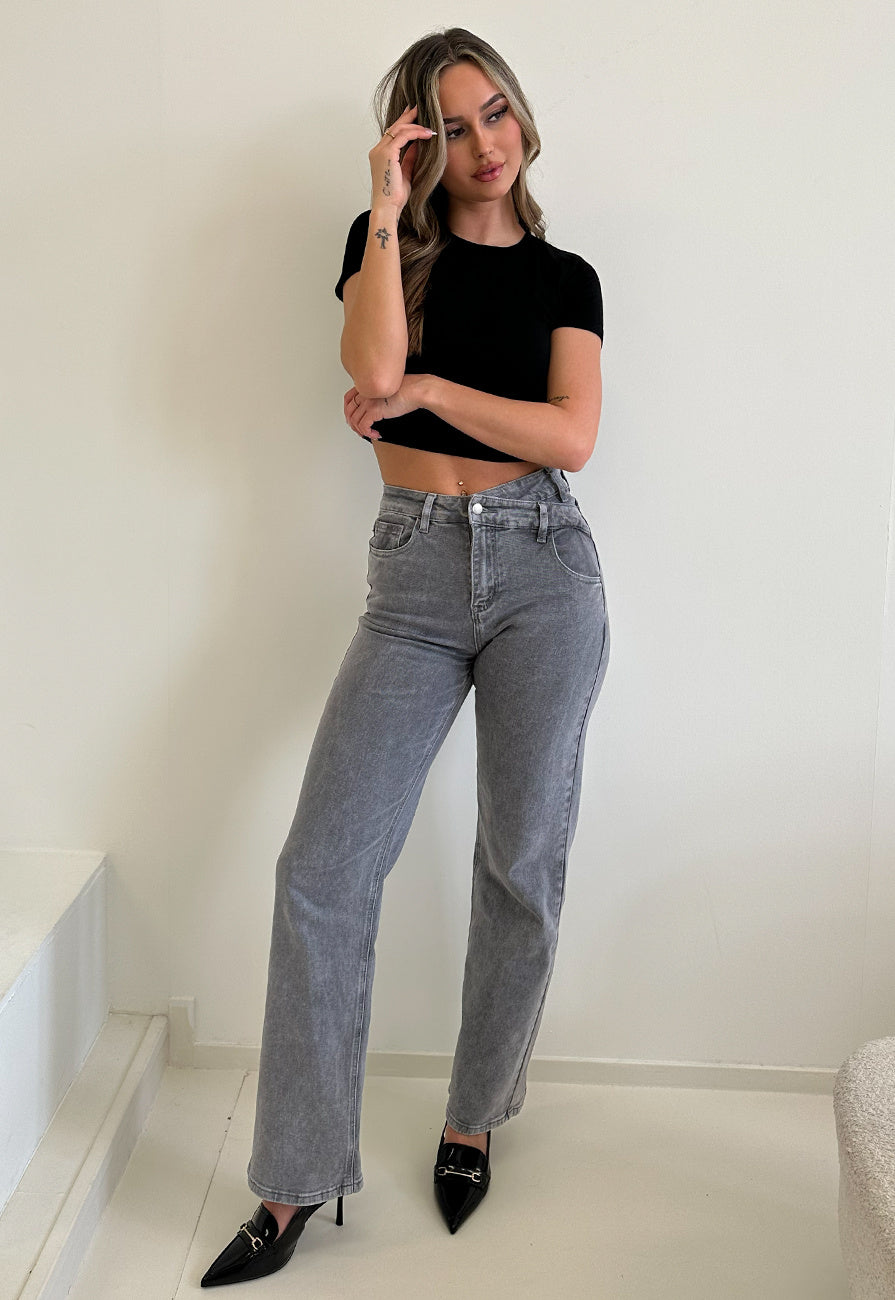 Grijze High Waist Straight Jeans met Licht Gewassen Look