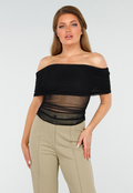 See Through Doorschijnende Zwarte Off-Shoulder Stretch  Mesh Top