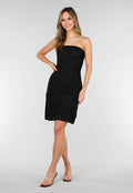 Zwarte Strapless Midi Jurk met Split en Stretch