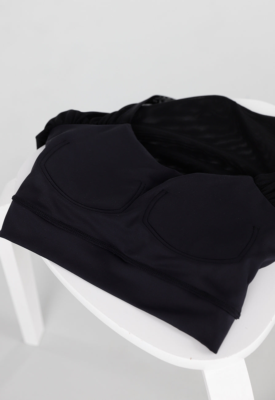 Zwarte Mesh Crop Top met Korte Mouwen en Pads