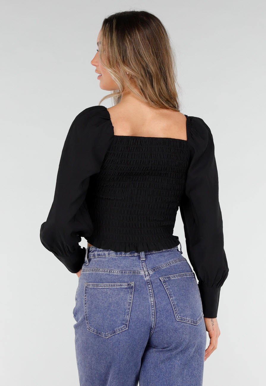 Zwarte Blouse met Lange Pofmouwen en Knopen