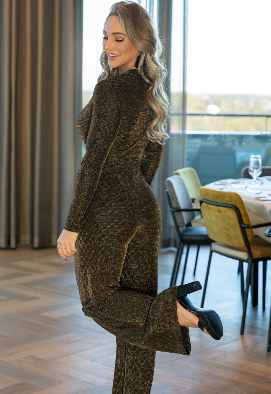 Gouden Longsleeve Glitter Jumpsuit met Ceintuur