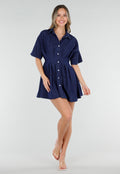 Donkerblauwe Getailleerde Denim Blouse Jurk met Korte Mouwen