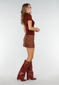 Bordeaux Gehaakte Stretch Top met Col en Korte Mouwen