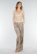 Camelkleurige Stretchbroek met All-Over Print en Rechte Pijpen