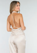 Champagne Pailletten Haltertop Met Watervalhals