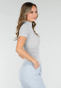 Lichtblauwe Gehaakte Stretch Top met Col en Korte Mouwen