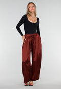 Satijnen Bordeaux Rode Wide Leg Broek met Elastische Taille
