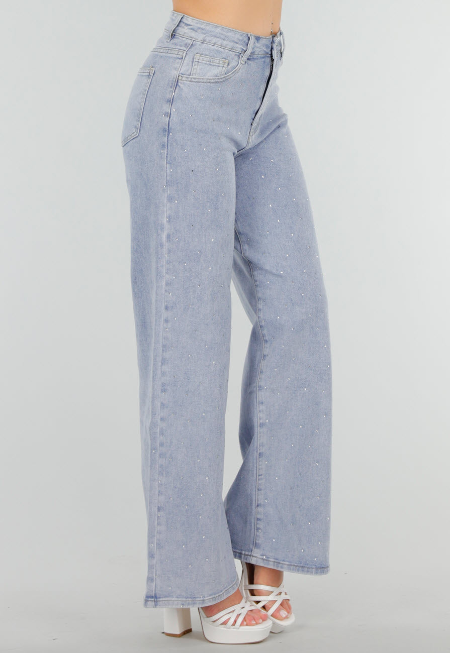 Blauwe Denim Jeans met Strass, High Waist en Rechte Stretch Fit
