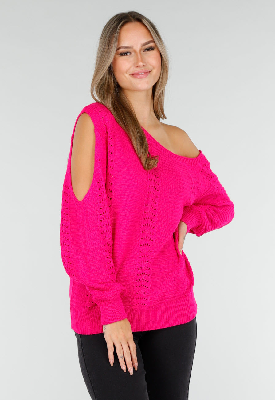 Fuchsia Gebreide Trui met Cut Out en Off Shoulder