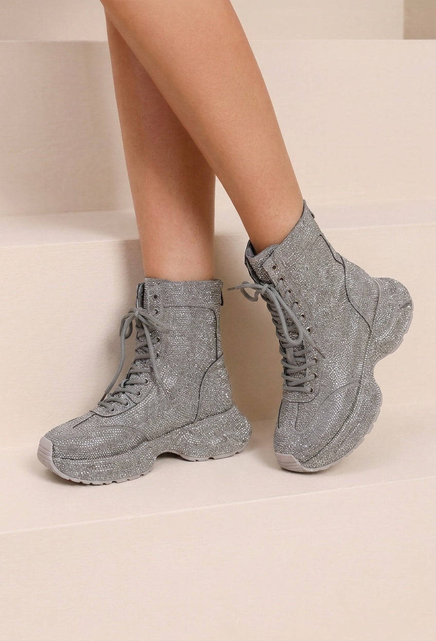Zilveren Glitter Sneakers met Hoge Schacht, Veters en Rits