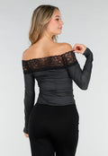 Zwarte Off Shoulder Stretch Top met Kant en Stippenprint