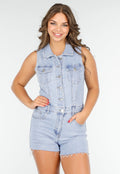 Lichtblauwe Denim Playsuit met Knopen en Korte broek