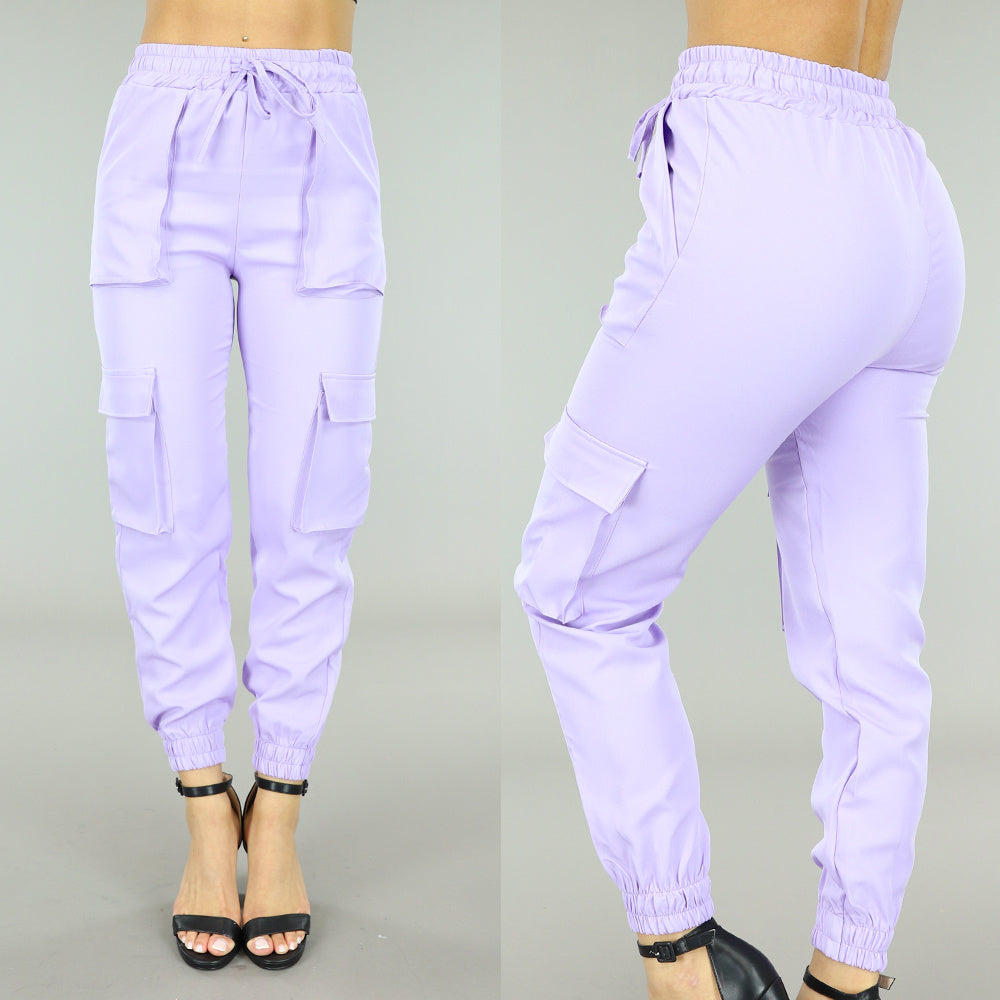 Lila Elastische Broek met Cargo Zakken