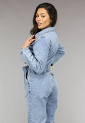 Blauwe Longsleeve Jeans Jumpsuit met Tailleband